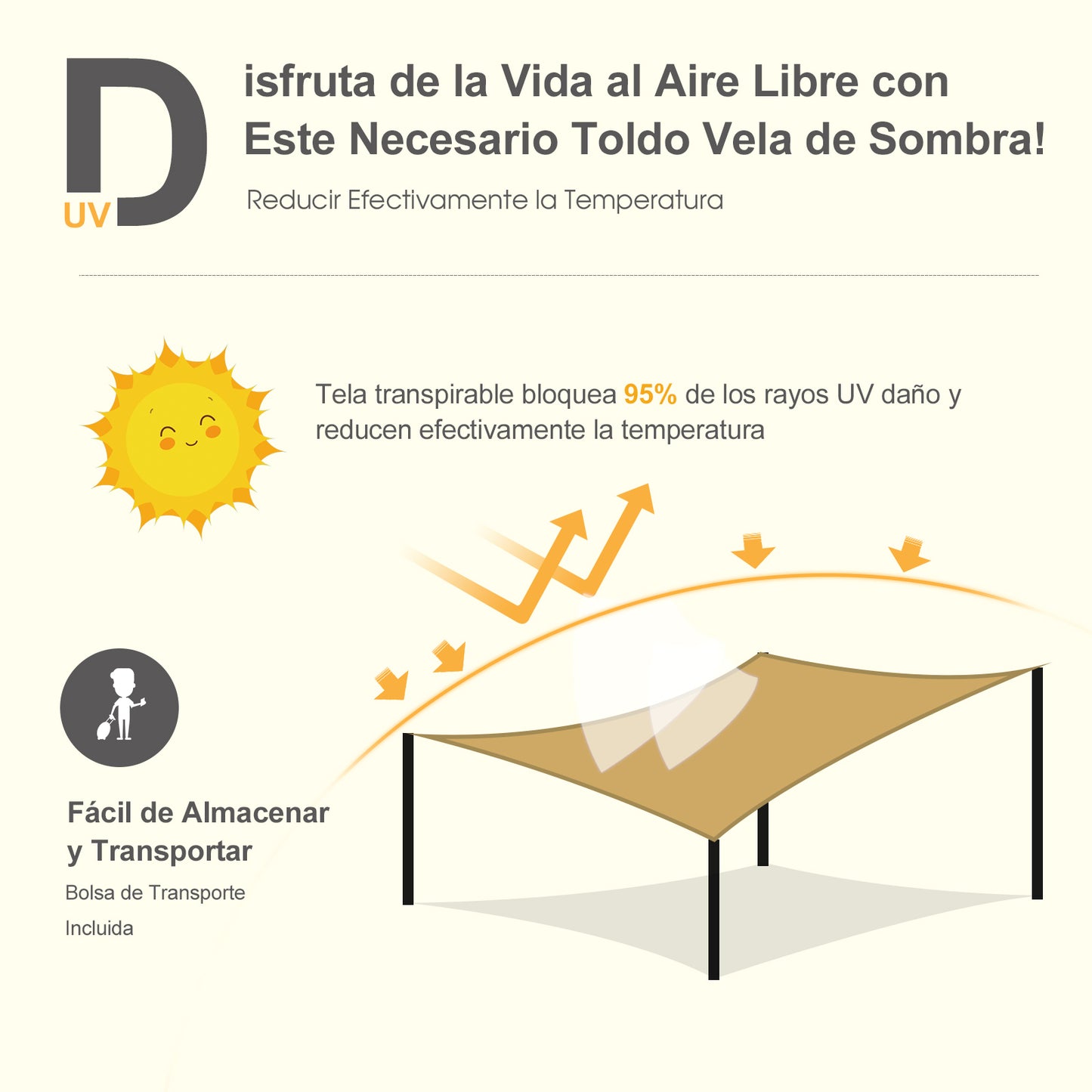 Outsunny Toldo Vela Rectángulo 3x4m Vela de Sombra para Terraza Jardín Camping Resistente al Agua Protección UV Poliéster Color Arena