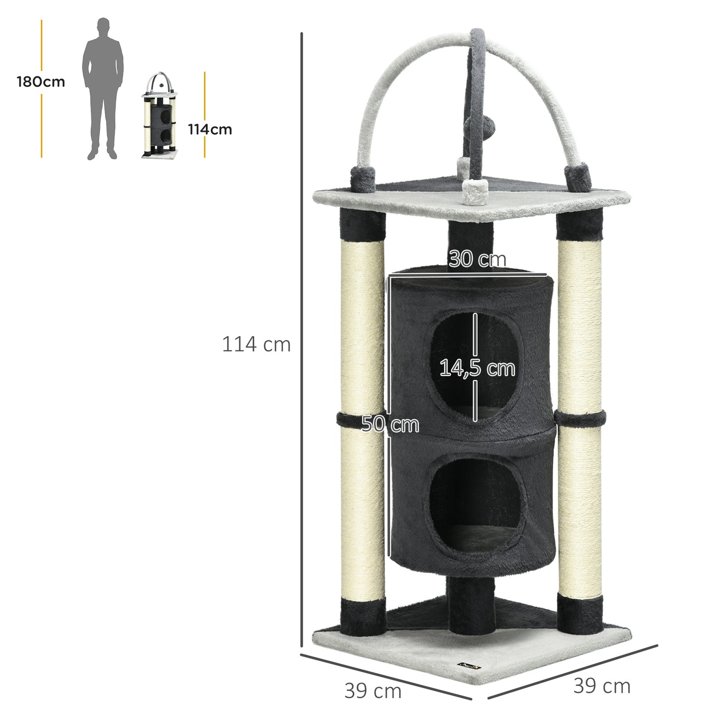 PawHut Árbol para Gatos Altura 114 cm Barril Rascador para Gatos de 2 Niveles con Plataforma Postes de Yute y Bola Colgante 39x39x114 cm Gris