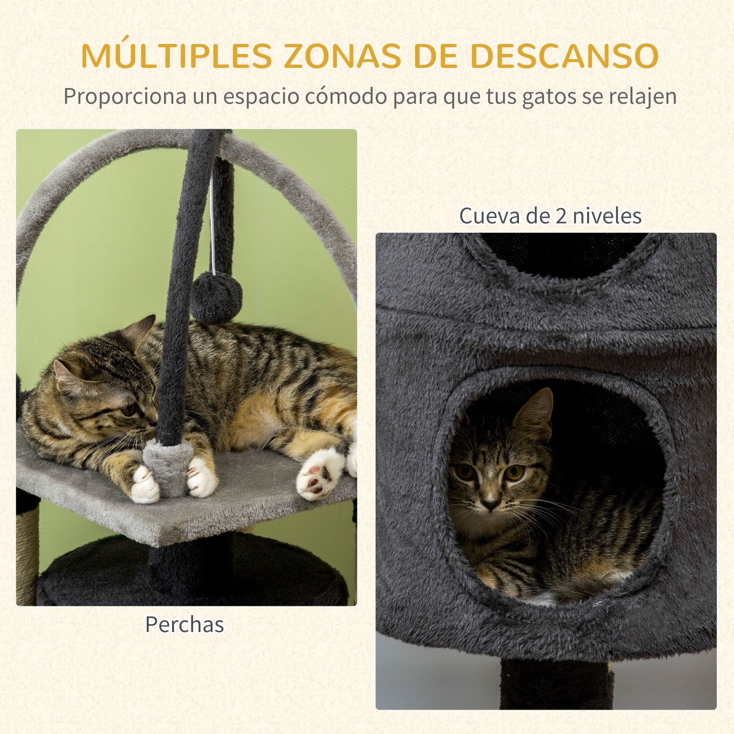 PawHut Árbol para Gatos Altura 114 cm Barril Rascador para Gatos de 2 Niveles con Plataforma Postes de Yute y Bola Colgante 39x39x114 cm Gris