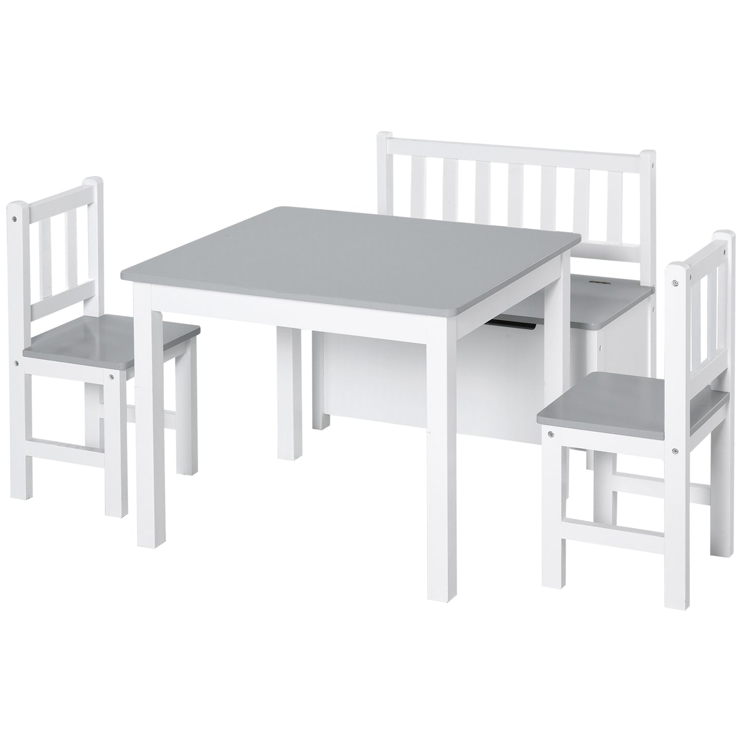 HOMCOM Mesa y Sillas Infantiles de 4 Piezas Mesa Infantil con 2 Sillas y Banco con Almacenaje Juego de Muebles para Actividades para Niños de +3 Años para Dormitorio Sala de Juegos Gris y Blanco