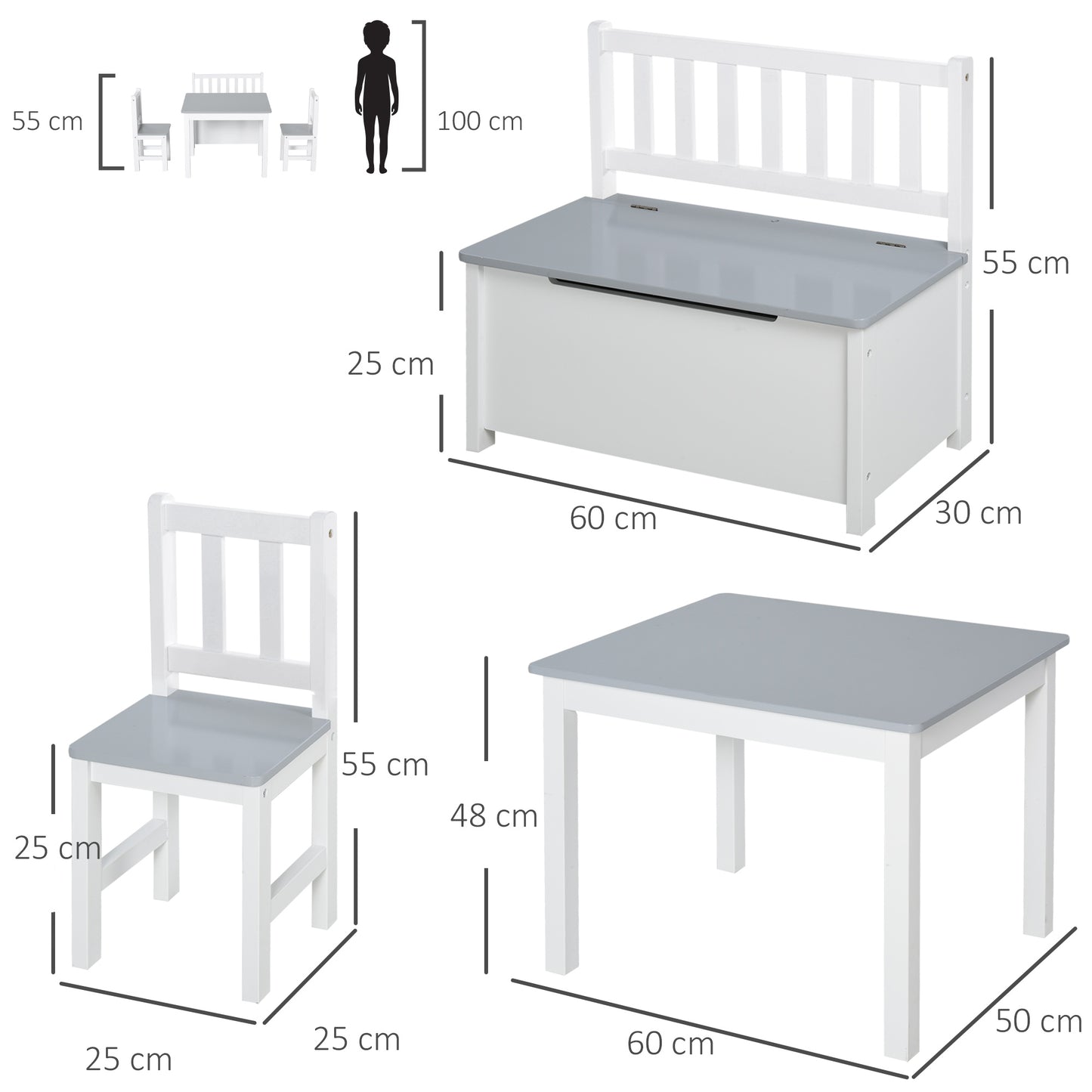 HOMCOM Mesa y Sillas Infantiles de 4 Piezas Mesa Infantil con 2 Sillas y Banco con Almacenaje Juego de Muebles para Actividades para Niños de +3 Años para Dormitorio Sala de Juegos Gris y Blanco