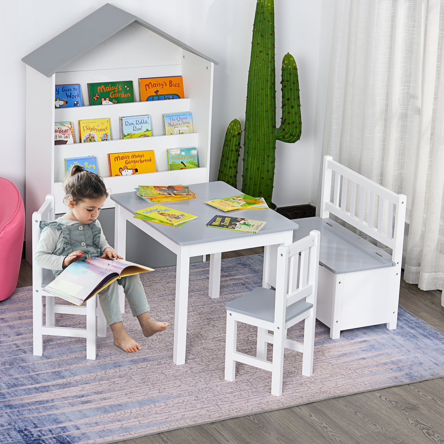 HOMCOM Mesa y Sillas Infantiles de 4 Piezas Mesa Infantil con 2 Sillas y Banco con Almacenaje Juego de Muebles para Actividades para Niños de +3 Años para Dormitorio Sala de Juegos Gris y Blanco