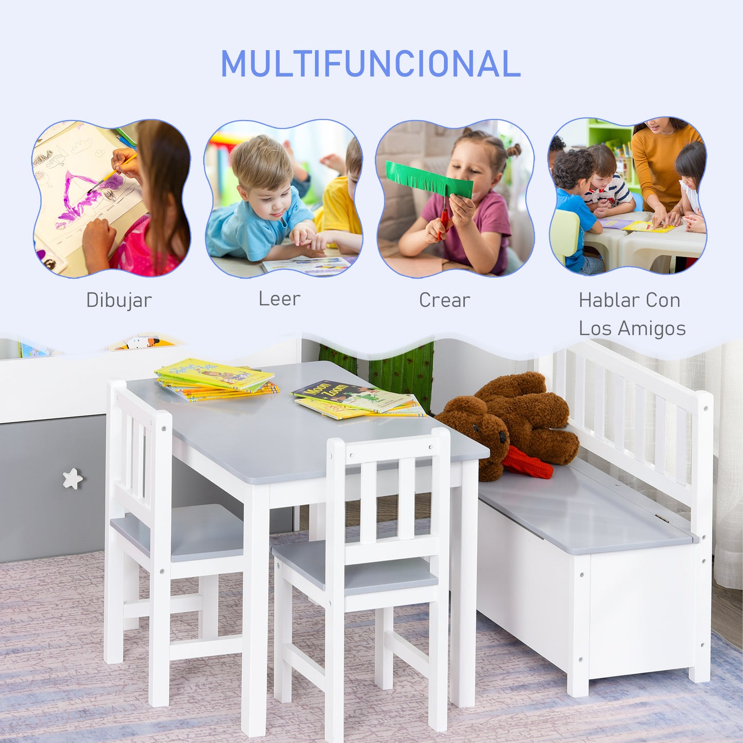 HOMCOM Mesa y Sillas Infantiles de 4 Piezas Mesa Infantil con 2 Sillas y Banco con Almacenaje Juego de Muebles para Actividades para Niños de +3 Años para Dormitorio Sala de Juegos Gris y Blanco