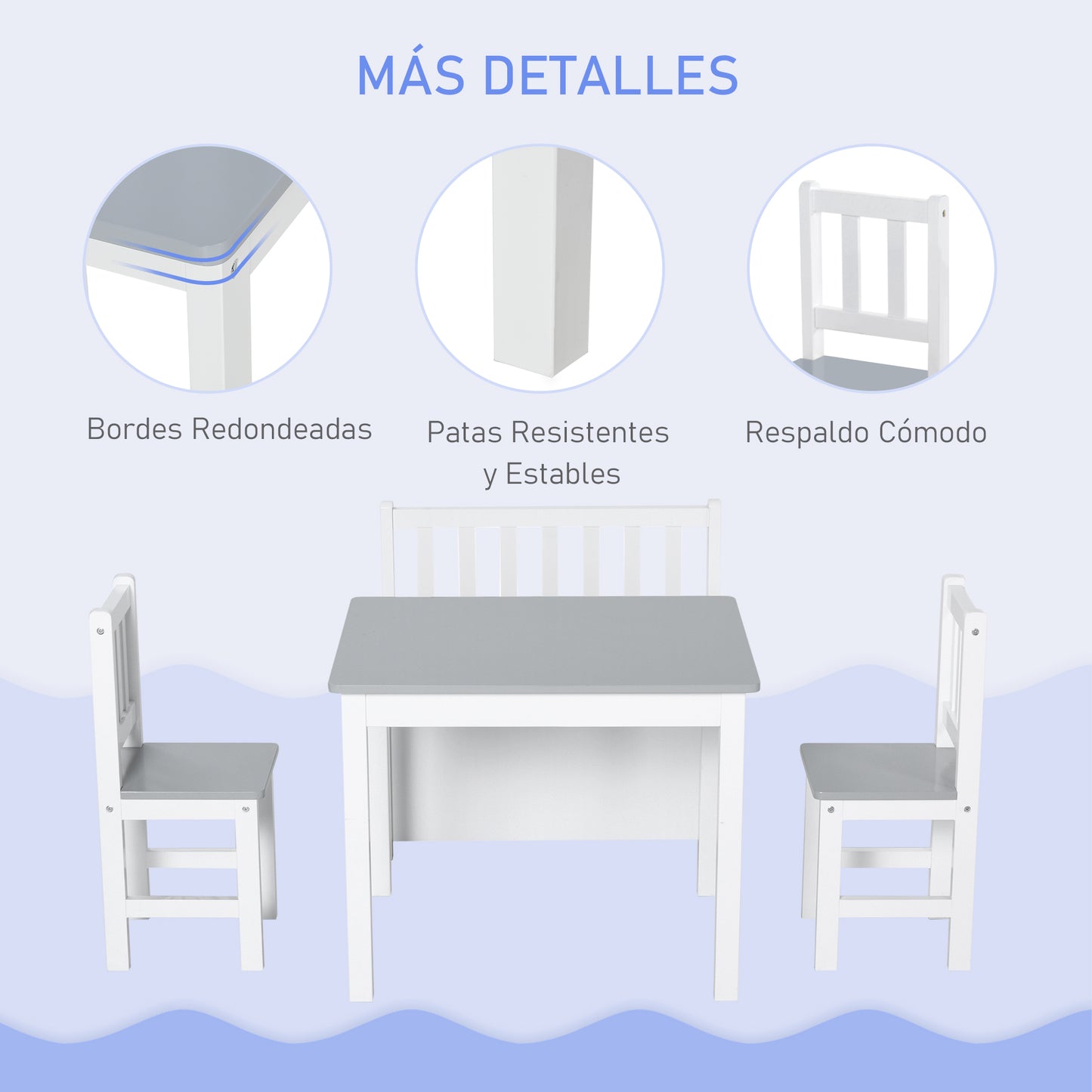 HOMCOM Mesa y Sillas Infantiles de 4 Piezas Mesa Infantil con 2 Sillas y Banco con Almacenaje Juego de Muebles para Actividades para Niños de +3 Años para Dormitorio Sala de Juegos Gris y Blanco