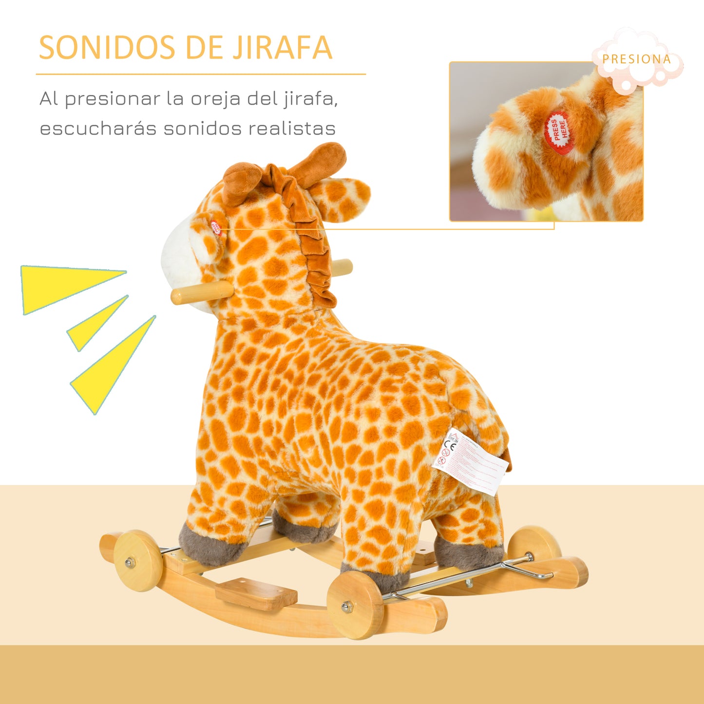 HOMCOM Caballito Balancín Infantil 2 en 1 en Forma de Jirafa para Niños de +3 Años con Ruedas y Altura del asiento 35 cm Balancín de Felpa con Sonido de Jirafa Carga 45 kg 63x38x63 cm Multicolor