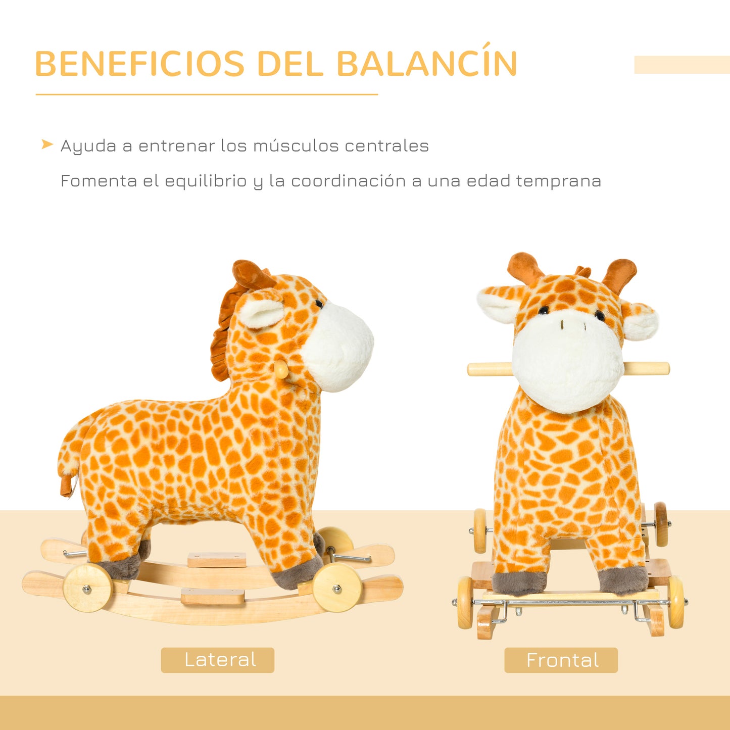 HOMCOM Caballito Balancín Infantil 2 en 1 en Forma de Jirafa para Niños de +3 Años con Ruedas y Altura del asiento 35 cm Balancín de Felpa con Sonido de Jirafa Carga 45 kg 63x38x63 cm Multicolor