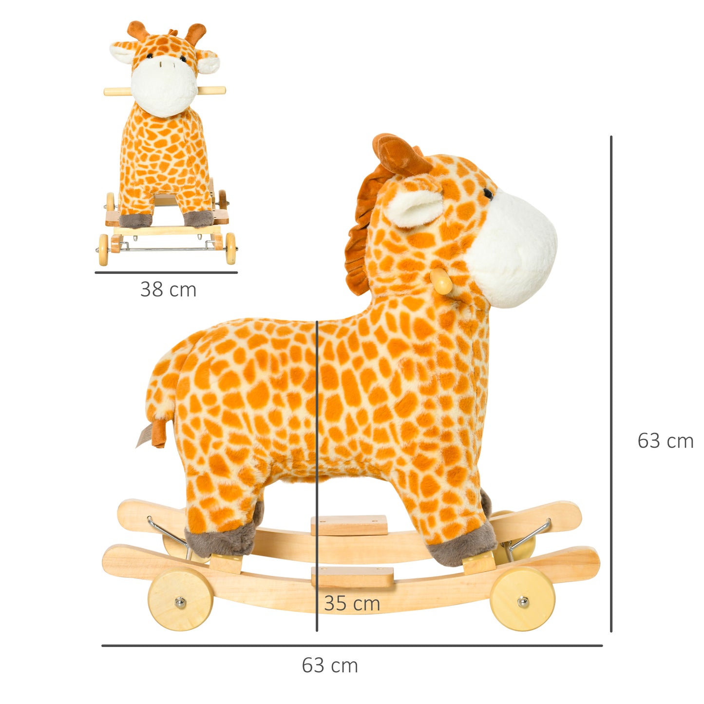 HOMCOM Caballito Balancín Infantil 2 en 1 en Forma de Jirafa para Niños de +3 Años con Ruedas y Altura del asiento 35 cm Balancín de Felpa con Sonido de Jirafa Carga 45 kg 63x38x63 cm Multicolor