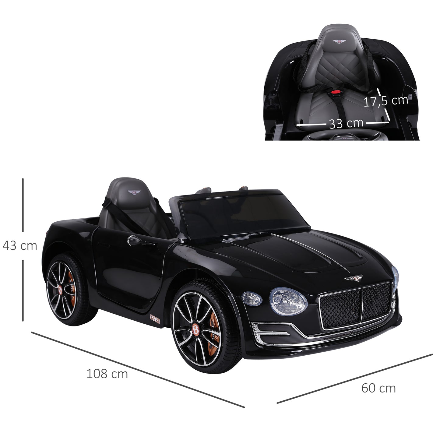 HOMCOM Coche Eléctrico para Niños Bentley GT Coche de Bateria para Niños de +3 Años Velocidad 2,5-5 km/h 2 Modos de Control Música Faros Retroceder 108x60x43 cm Negro