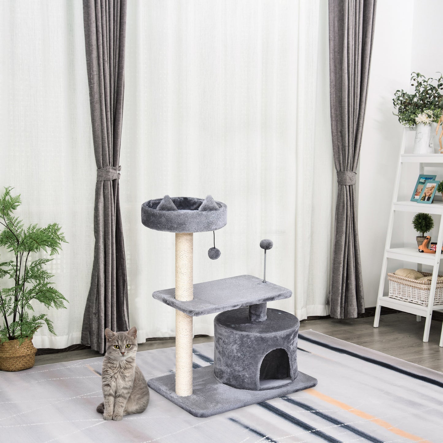 PawHut Árbol Rascador para Gatos 81 cm Torre para Gatos Medianos con Cama Plataforma Refugio Poste de Sisal y Bolas de Juguete 60x40x81 cm Gris