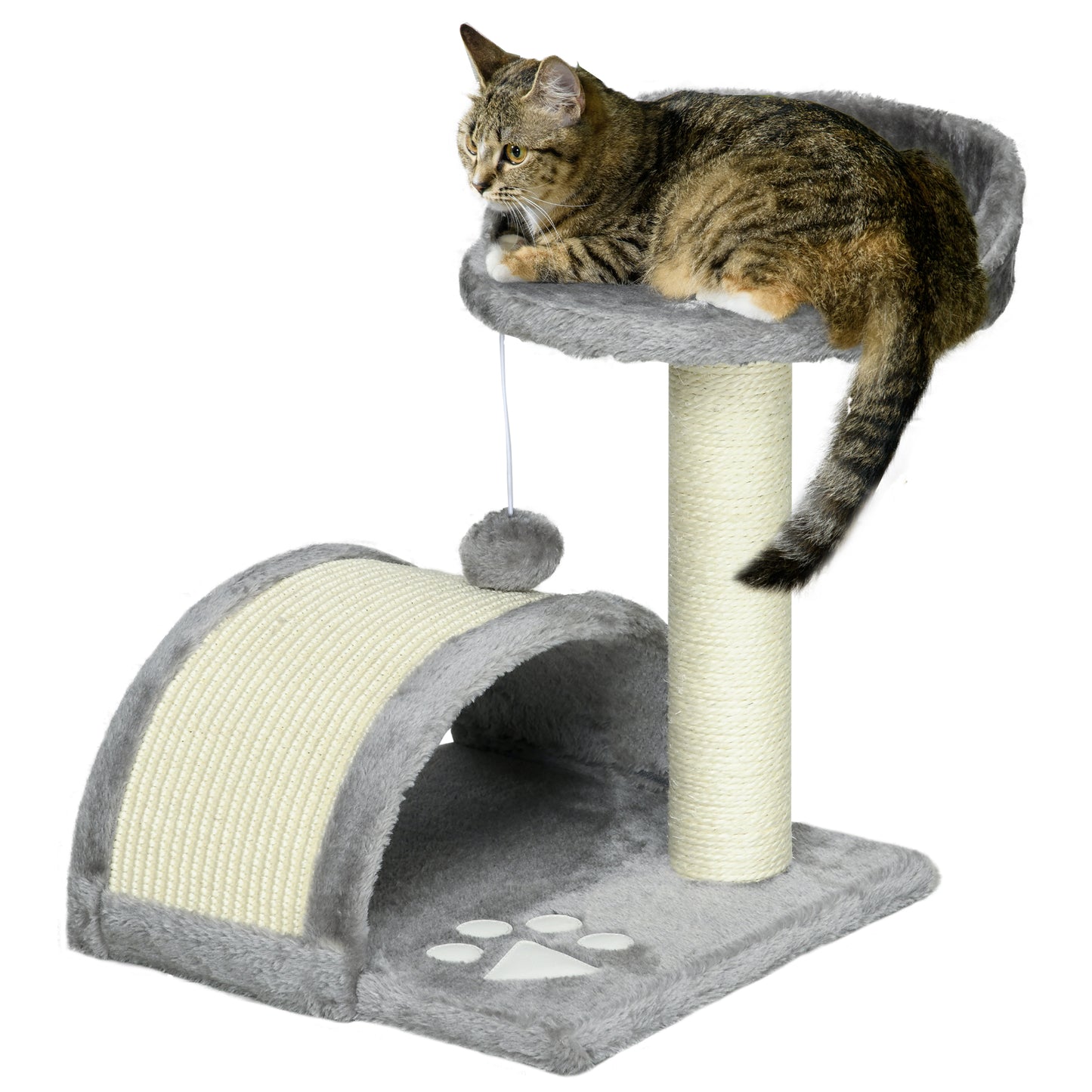 PawHut Árbol Rascador para Gatos Pequeños Altura 46 cm de 2 Niveles Árbol para Gatos con Poste Tablero para Rascar Plataformas y Juguete de Bola Colgante 35,5x37x46 cm Gris