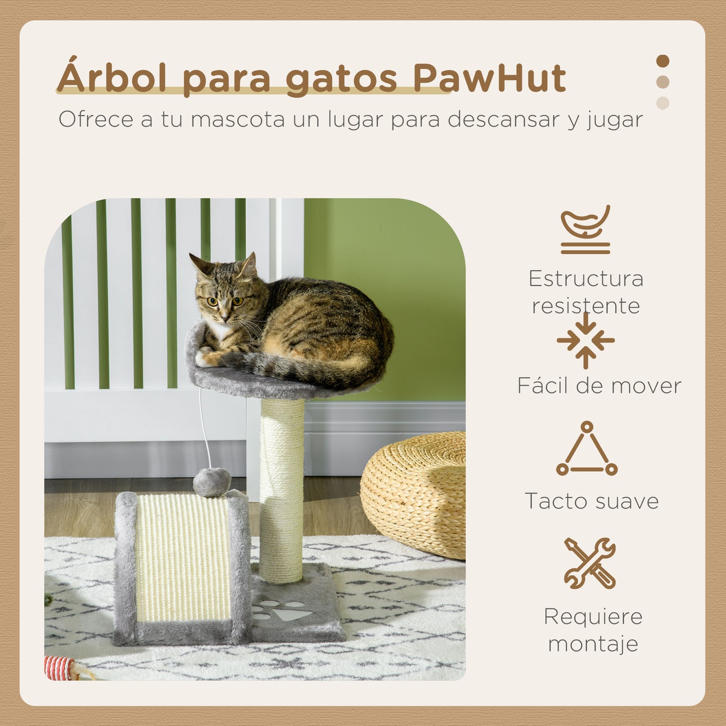 PawHut Árbol Rascador para Gatos Pequeños Altura 46 cm de 2 Niveles Árbol para Gatos con Poste Tablero para Rascar Plataformas y Juguete de Bola Colgante 35,5x37x46 cm Gris