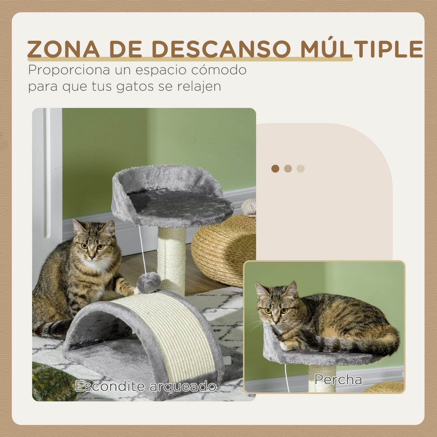 PawHut Árbol Rascador para Gatos Pequeños Altura 46 cm de 2 Niveles Árbol para Gatos con Poste Tablero para Rascar Plataformas y Juguete de Bola Colgante 35,5x37x46 cm Gris