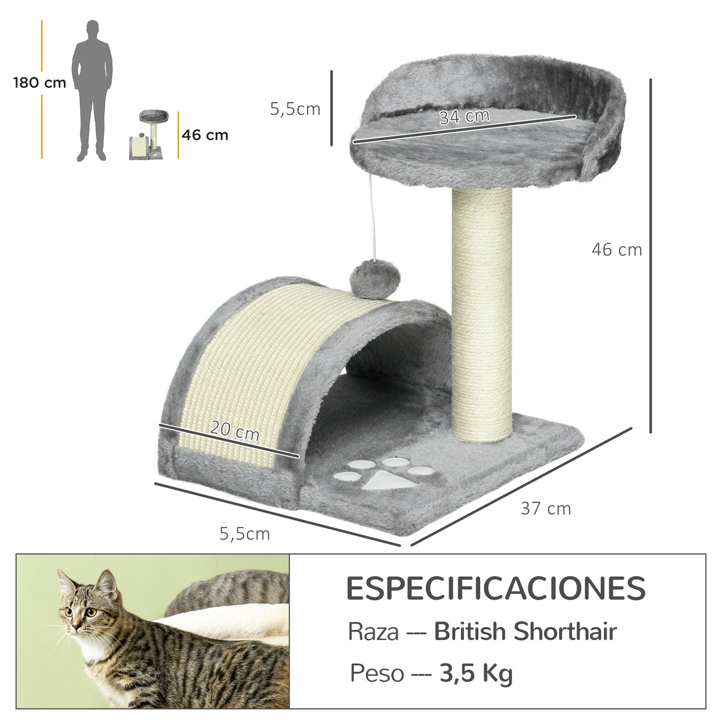 PawHut Árbol Rascador para Gatos Pequeños Altura 46 cm de 2 Niveles Árbol para Gatos con Poste Tablero para Rascar Plataformas y Juguete de Bola Colgante 35,5x37x46 cm Gris