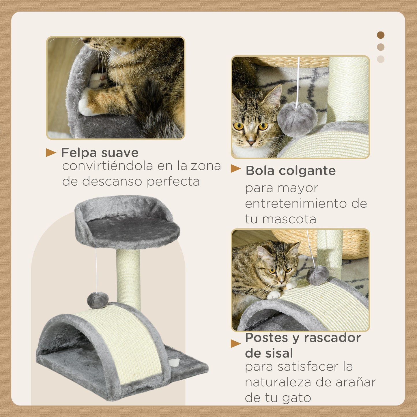 PawHut Árbol Rascador para Gatos Pequeños Altura 46 cm de 2 Niveles Árbol para Gatos con Poste Tablero para Rascar Plataformas y Juguete de Bola Colgante 35,5x37x46 cm Gris