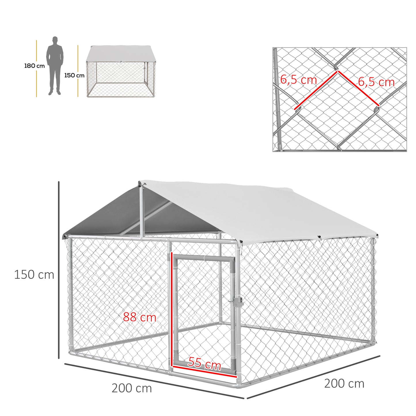 PawHut Perrera Jaula de Exterior para Perros Medianos Parque para Perros con Cerradura Marco de Acero Toldo Impermeable y Anti-UV 200x200x150 cm Plata