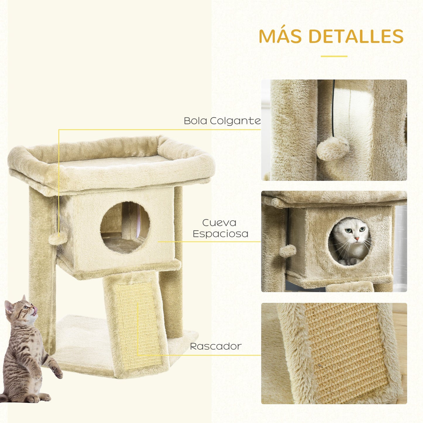 PawHut Árbol Rascador para Gatos Pequeños de 57 cm Torre para Gatos con Poste de Yute Rampa para Rascar Cama y Bola Colgante 40x40x57 cm Café