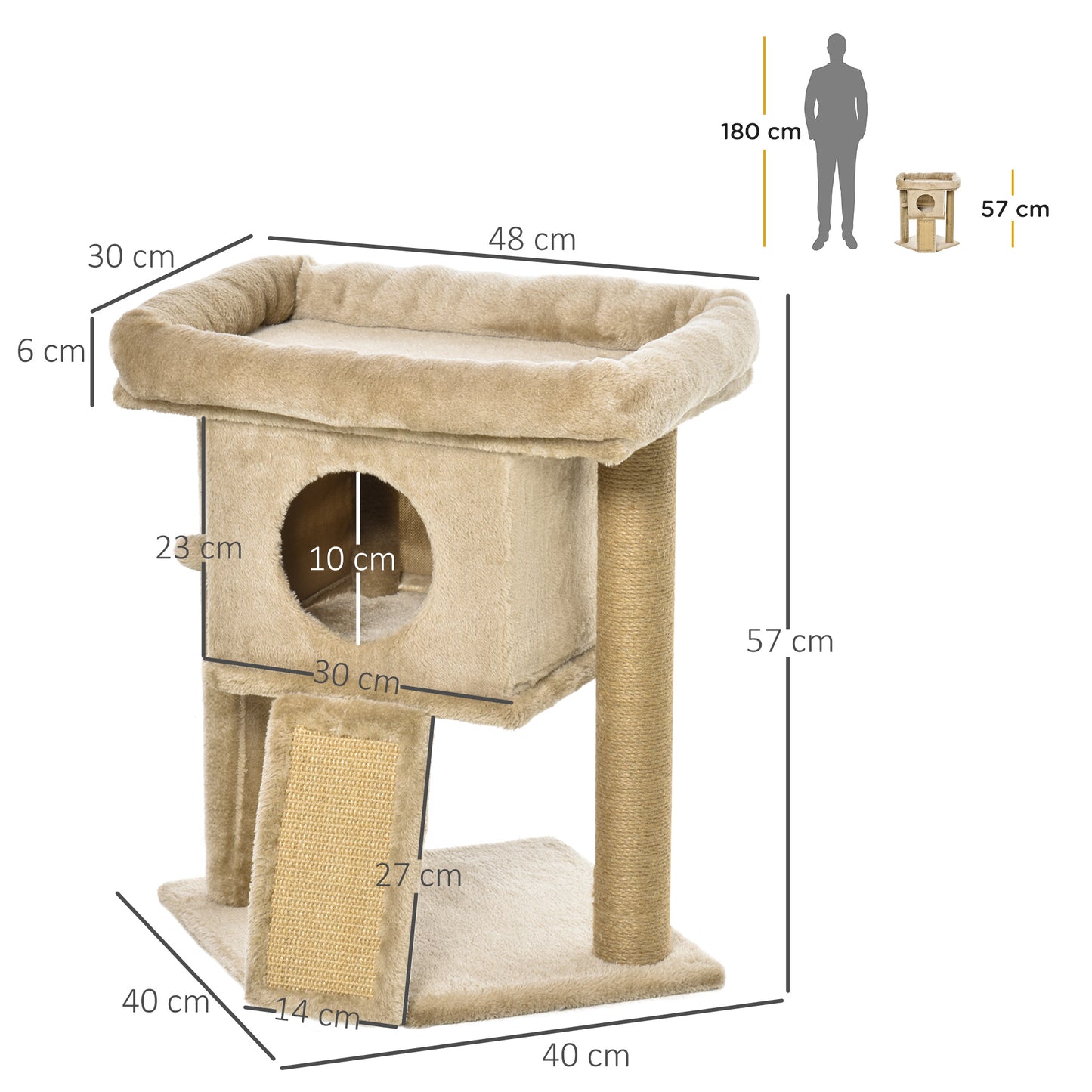 PawHut Árbol Rascador para Gatos Pequeños de 57 cm Torre para Gatos con Poste de Yute Rampa para Rascar Cama y Bola Colgante 40x40x57 cm Café