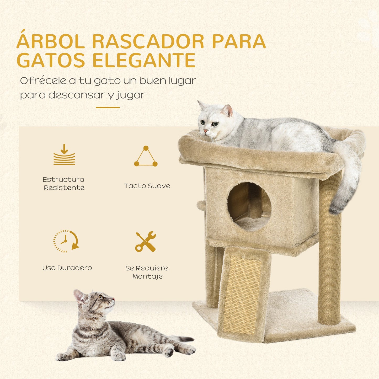 PawHut Árbol Rascador para Gatos Pequeños de 57 cm Torre para Gatos con Poste de Yute Rampa para Rascar Cama y Bola Colgante 40x40x57 cm Café