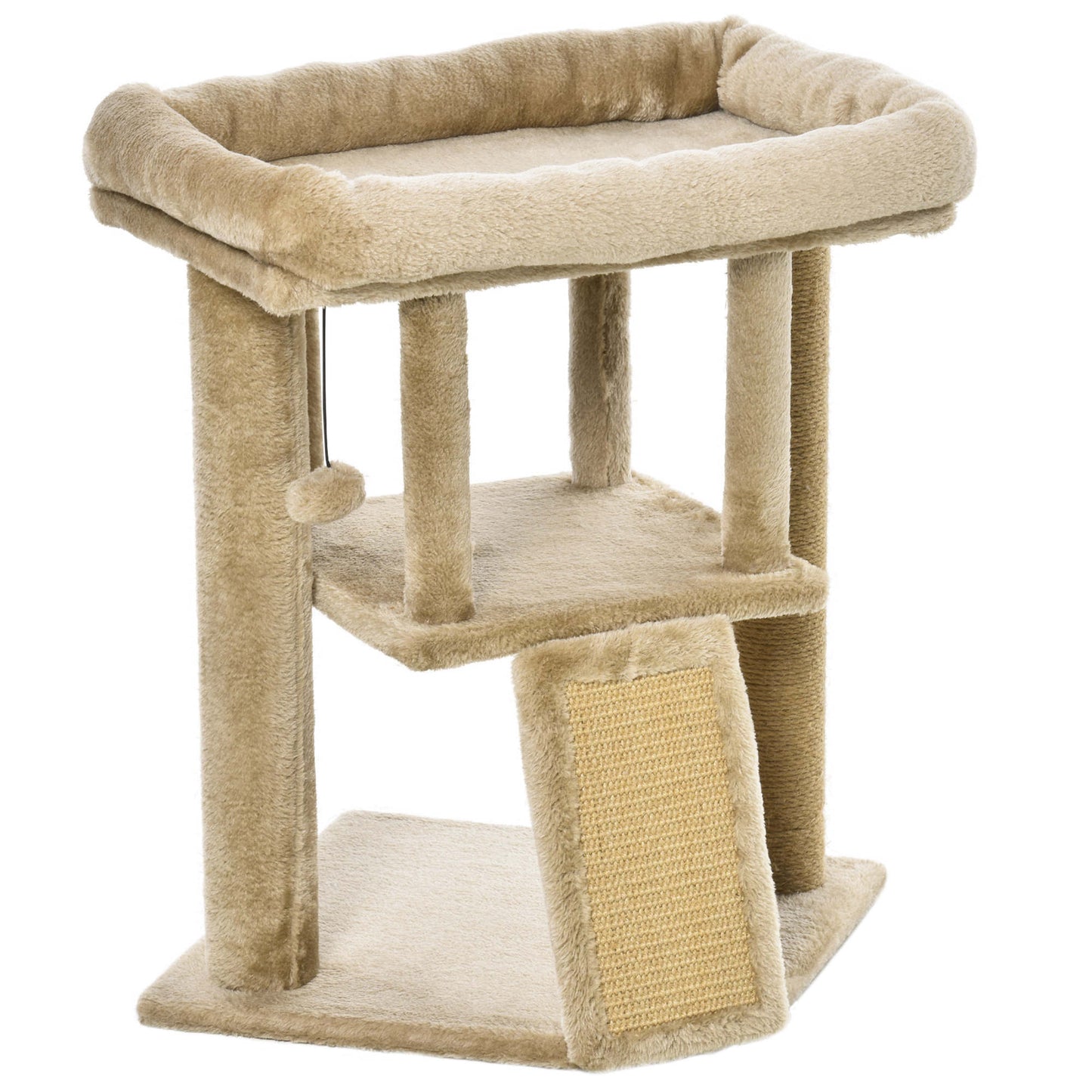 PawHut Árbol Rascador para Gatos Pequeños de 57 cm Torre para Gatos con Poste de Yute Rampa para Rascar Cama y Bola Colgante 40x40x57 cm Café