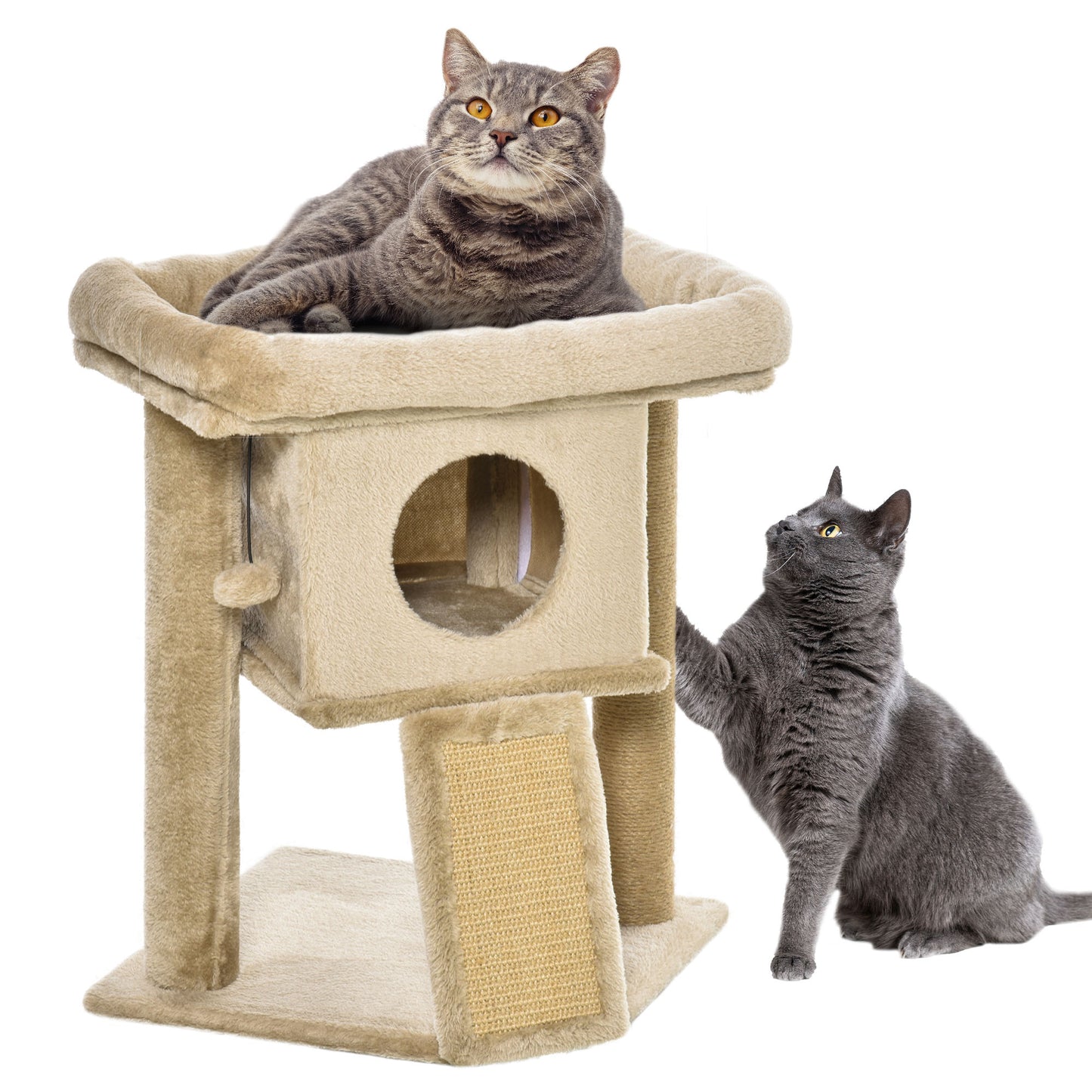 PawHut Árbol Rascador para Gatos Pequeños de 57 cm Torre para Gatos con Poste de Yute Rampa para Rascar Cama y Bola Colgante 40x40x57 cm Café