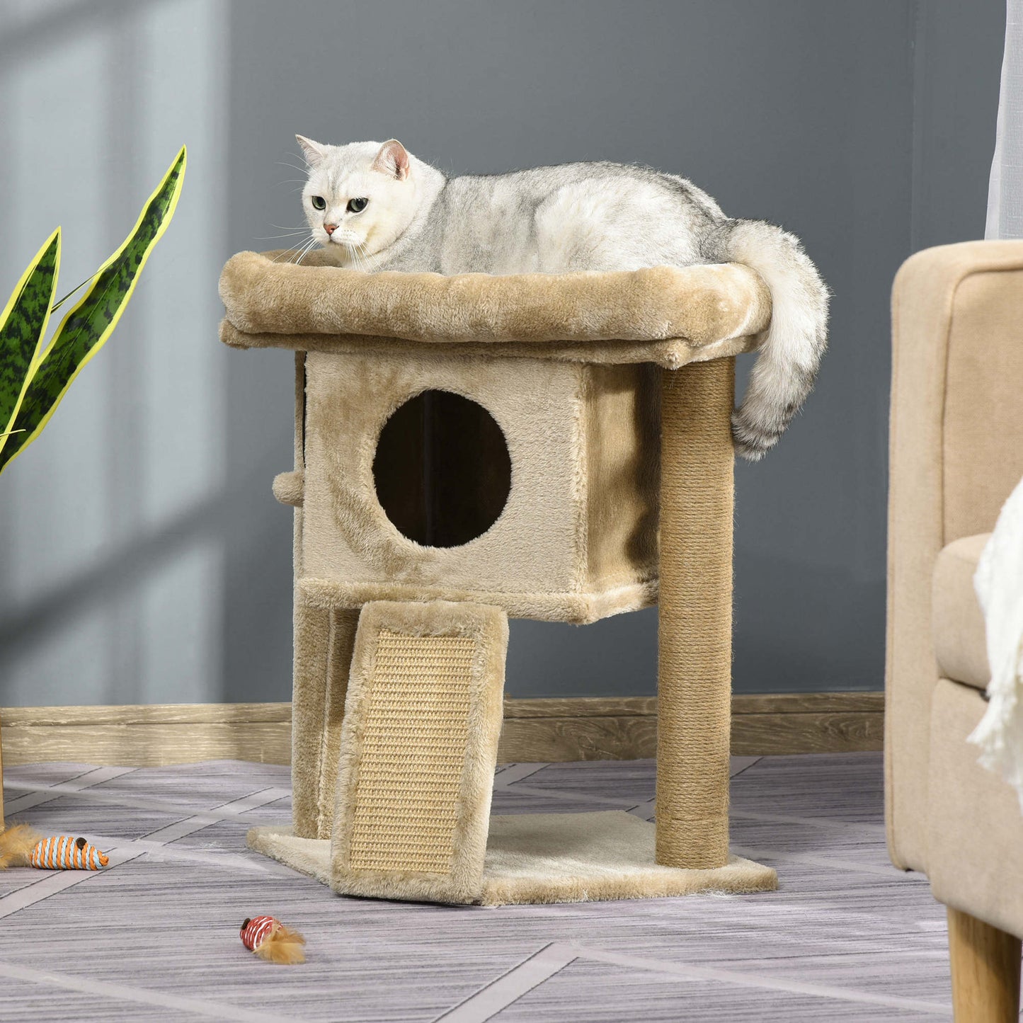 PawHut Árbol Rascador para Gatos Pequeños de 57 cm Torre para Gatos con Poste de Yute Rampa para Rascar Cama y Bola Colgante 40x40x57 cm Café