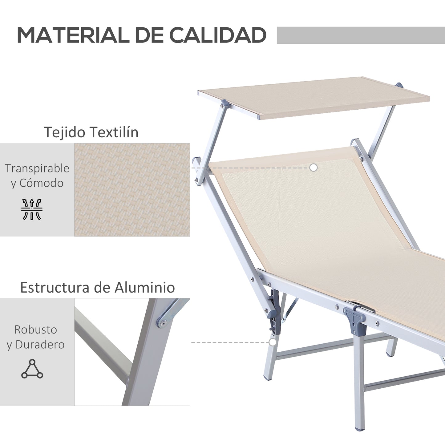 Outsunny Tumbona Plegable y Reclinable de Aluminio con Toldo Incorporado para Piscina Jardín Terraza Exterior Carga 120 kg 169x72x50/70 cm Beige