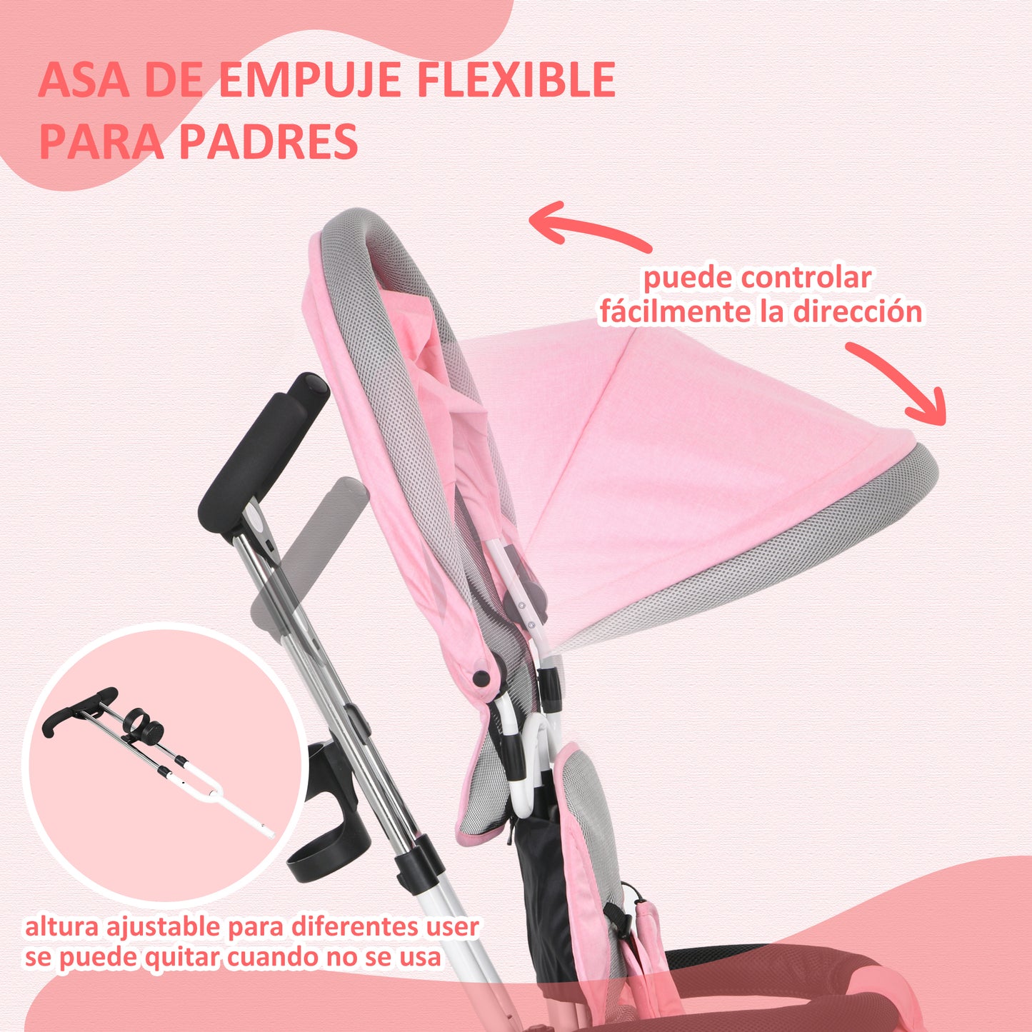 HOMCOM Triciclo para Bebés Triciclo Evolutivo para Niños con Toldo Plegable Mango de Empuje Telescópico y Desmontable Cinturón de Seguridad y Cesto 95x50x106 cm Rosa