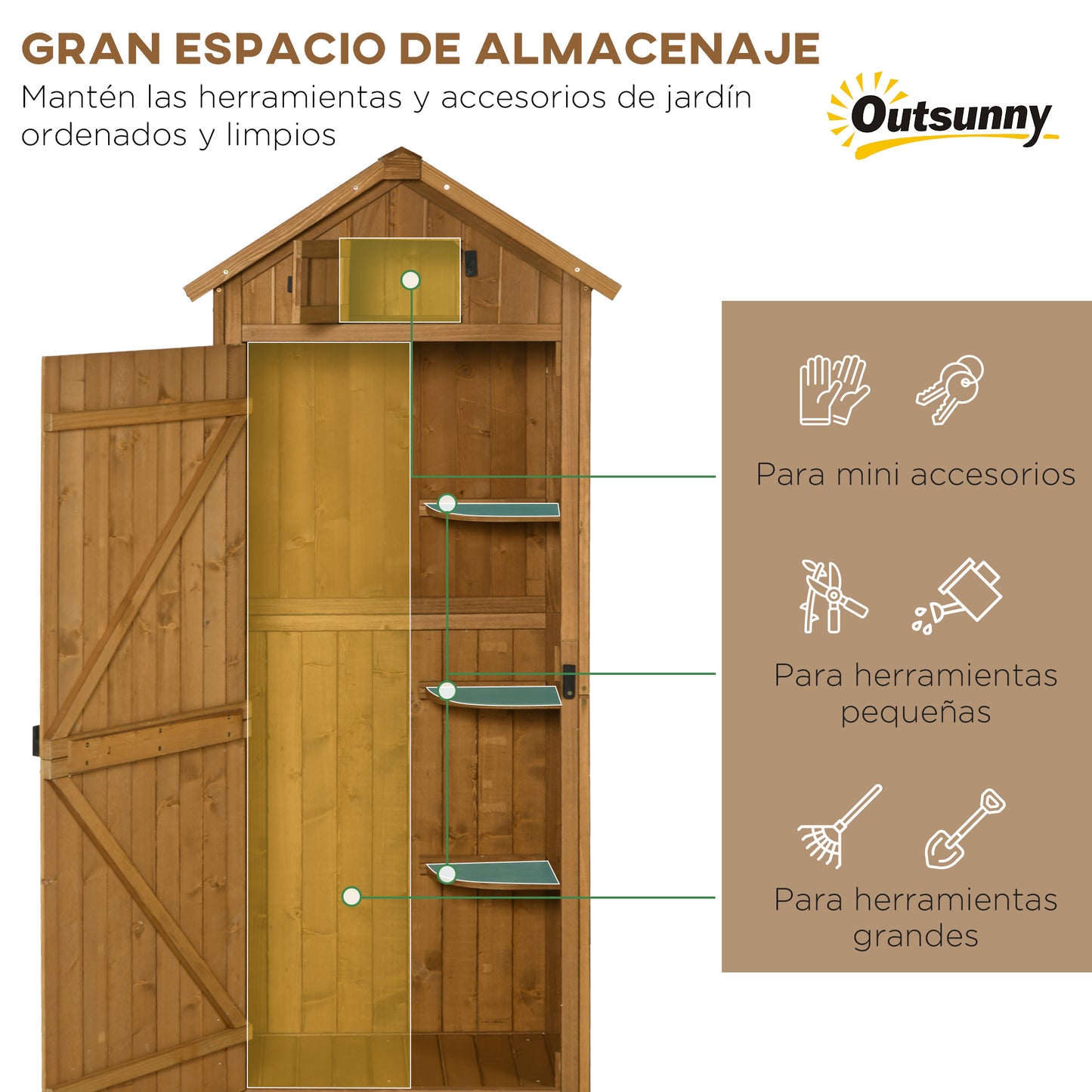 Outsunny Armario de Jardín de Madera 77x54,2x179 cm 0,3 m² Cobertizo para Almacenaje de Herramientas con 3 Estantes y 2 Puertas con Cerrojo para Patio Terraza Natural y Verde