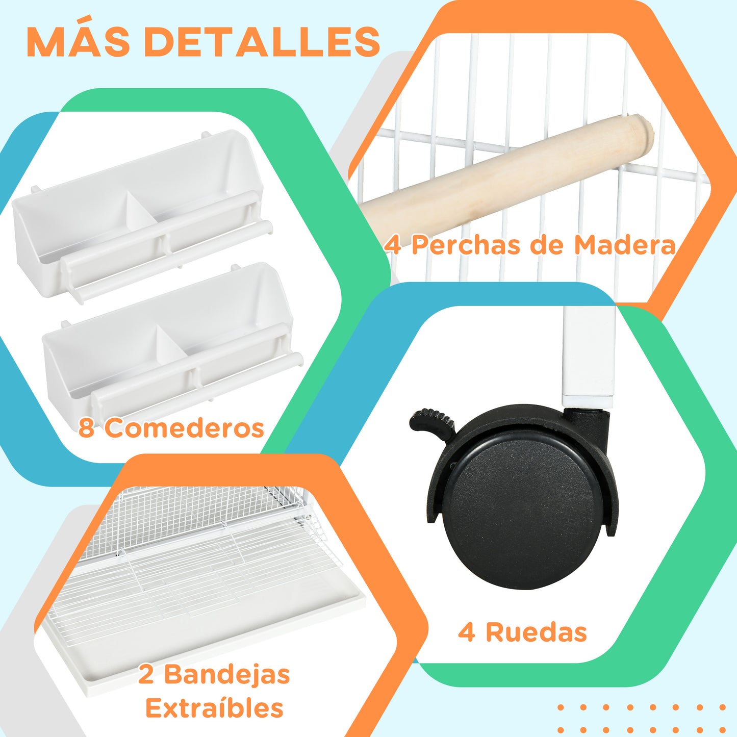 PawHut Jaula para Pájaros 2 en 1 Grande de 2 Pisos Convertible en Sola Jaula con Ruedas 4 Comederos 4 Perchas y Bandejas Extraíbles para Canarios Loros 78x75x168 cm Blanco