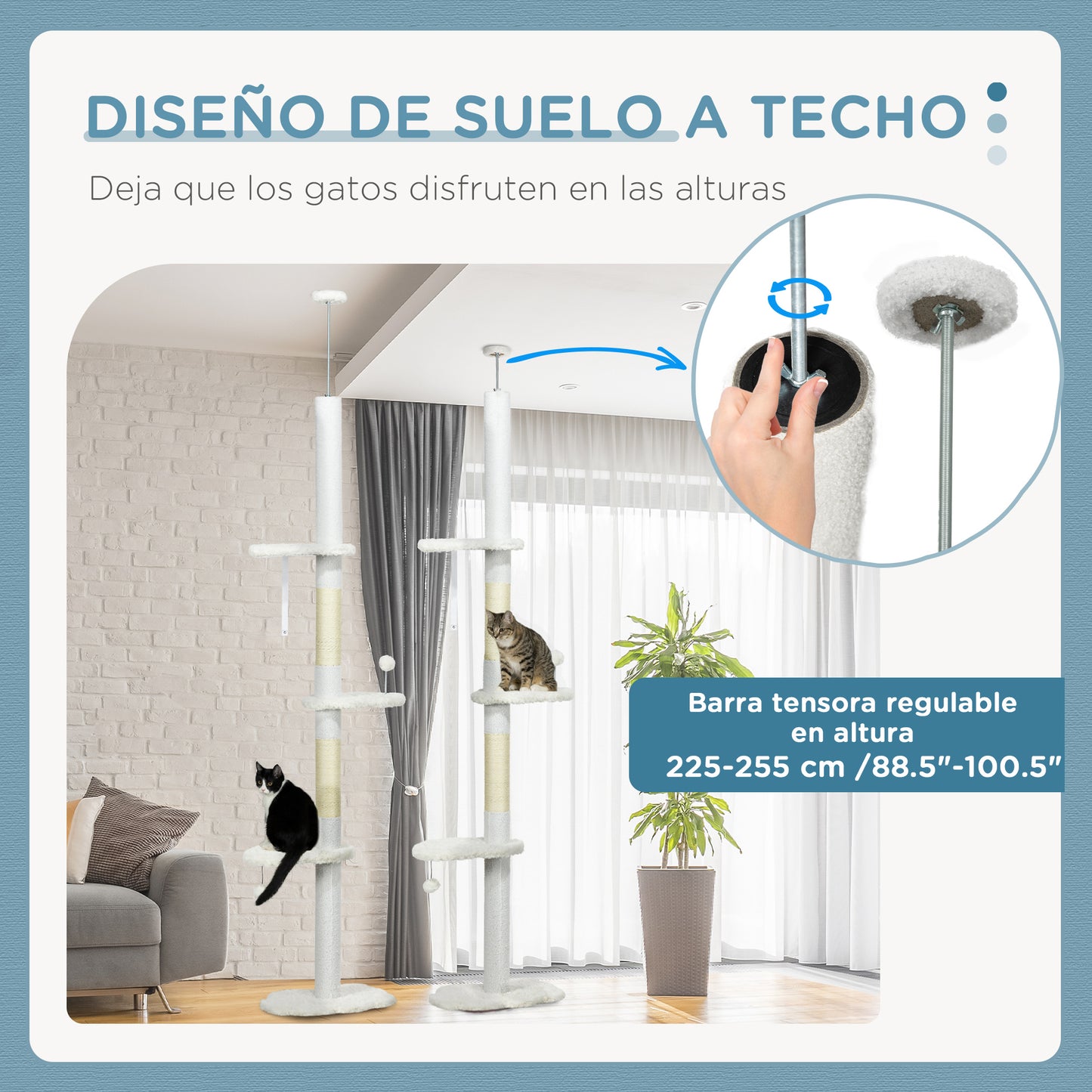 PawHut Árbol para Gatos de Suelo a Techo de 225-255 cm Torre para Gatos de Suelo a Techo Ajustable en Altura con 3 Plataforma de Forma de Nube Postes Rascadores y 2 Bolas 48x32x225-255 cm Blanco