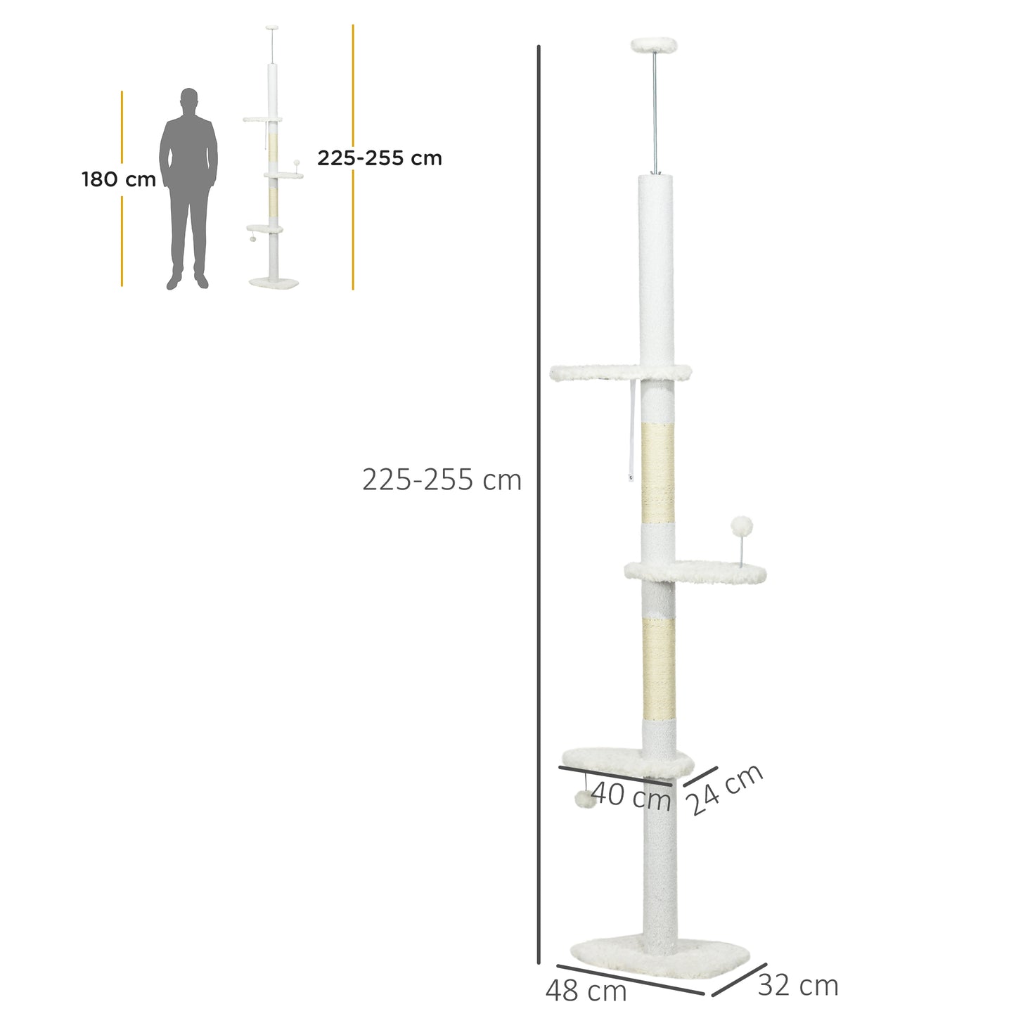 PawHut Árbol para Gatos de Suelo a Techo de 225-255 cm Torre para Gatos de Suelo a Techo Ajustable en Altura con 3 Plataforma de Forma de Nube Postes Rascadores y 2 Bolas 48x32x225-255 cm Blanco