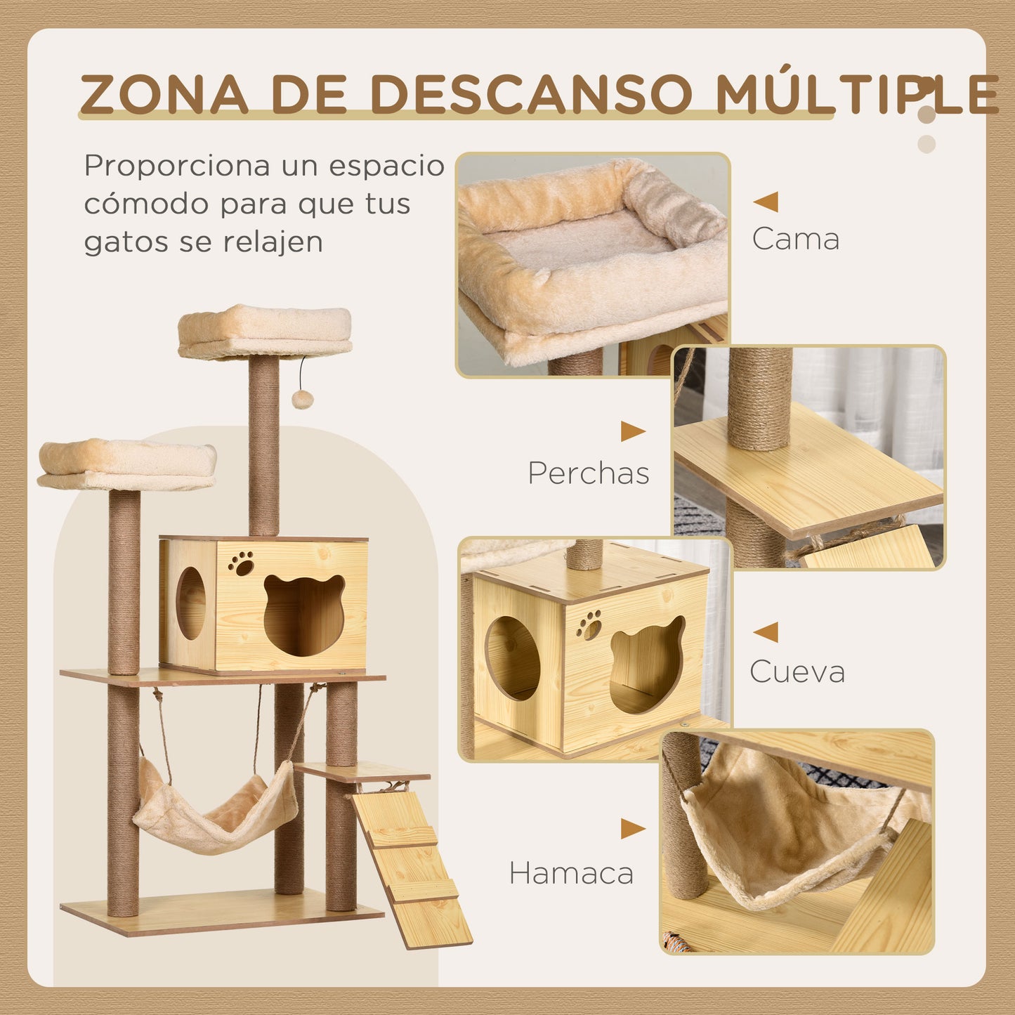 PawHut Árbol Rascador para Gatos Altura 130 cm Torre para Gatos con Postes Rascadores de Yute 2 Camas Hamaca Cueva Bola Colgante y Rampa 60x40x130 cm Natural