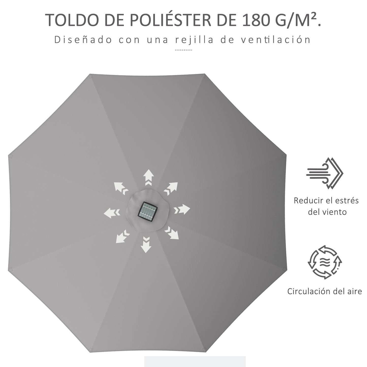 Outsunny Sombrilla de Jardín de Aluminio Ø265x240 cm Parasol de Terraza con Luces LED Solares Manivela e Impermeable para Piscina Patio Gris Claro