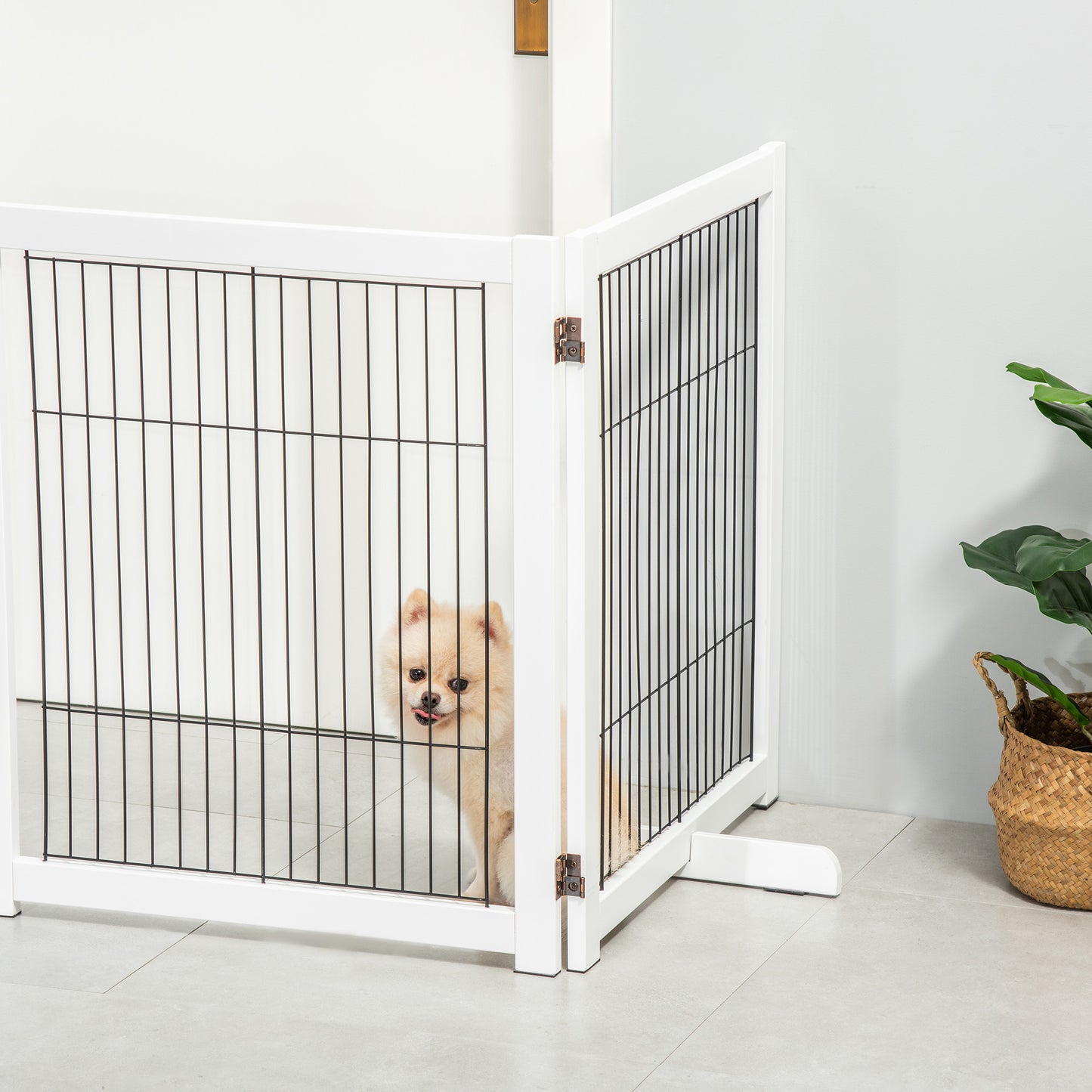 PawHut Barrera de Seguridad para Perros Plegable Barrera para Perros en Casa de 4 Paneles con Patas y Marco de Madera para Puertas Escaleras Pasillos 264x35,5x77 cm Blanco