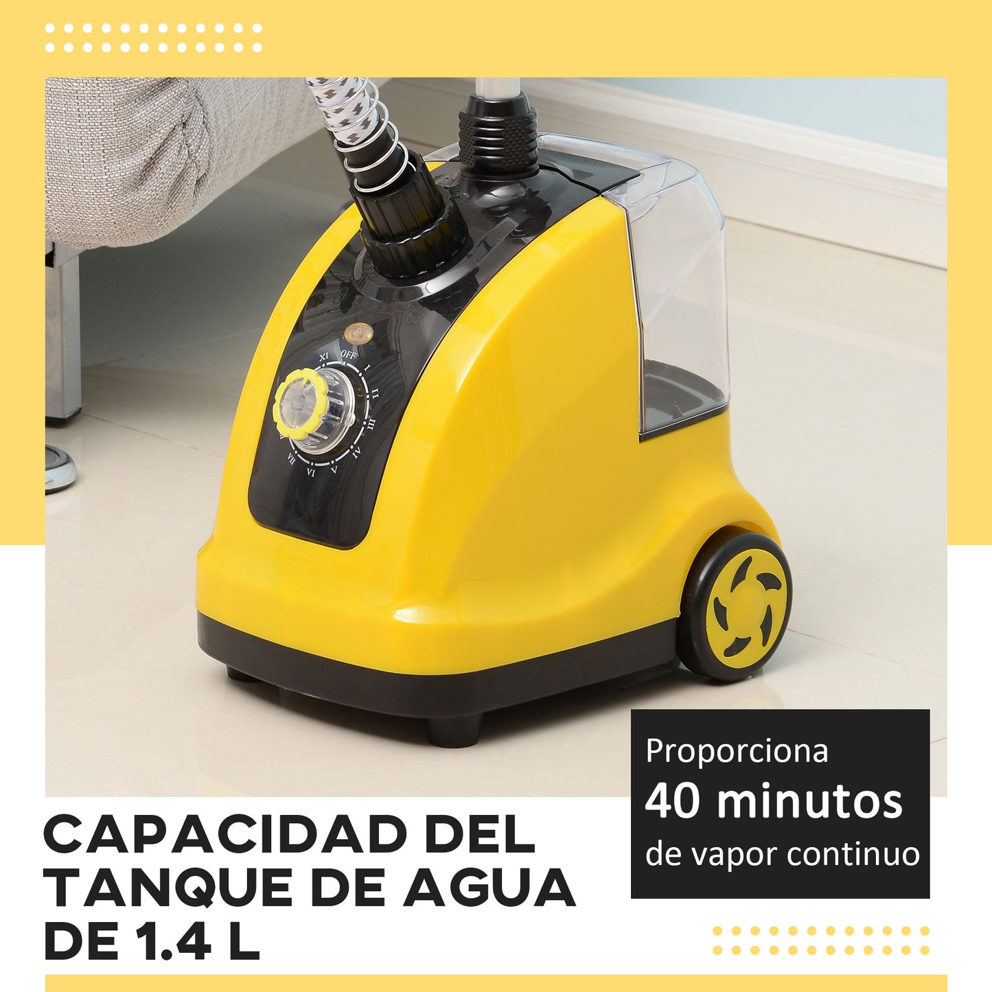 HOMCOM Plancha de Vapor con Depósito de 1,4 L y Temperatura Ajustable a 11 Niveles tipo Centro de Planchado Vertical 1800W 26x21,5x146 cm Amarillo