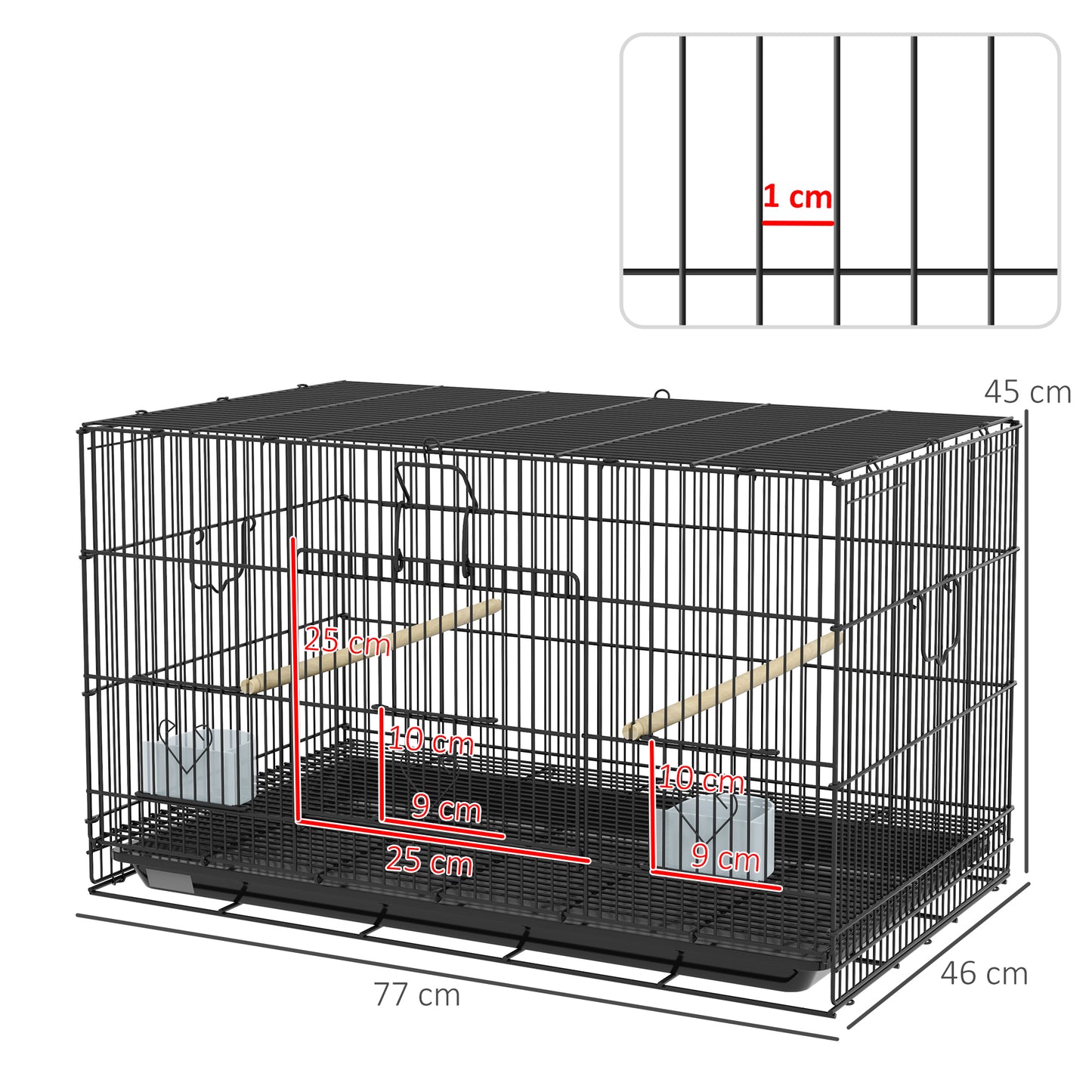 PawHut Jaula para Pájaros 77x46x45 cm Jaula Metálica para Aves con Bandeja Extraíble 2 Perchas 2 Comederos para Periquitos Canarios Negro