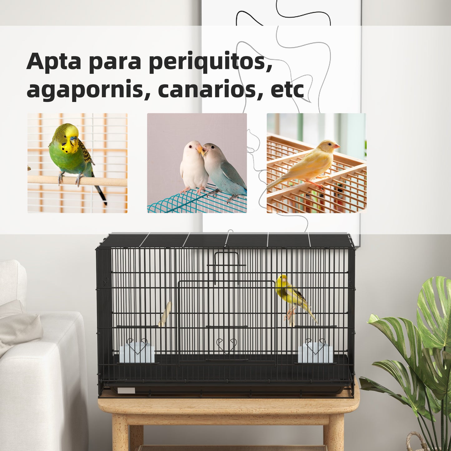 PawHut Jaula para Pájaros 77x46x45 cm Jaula Metálica para Aves con Bandeja Extraíble 2 Perchas 2 Comederos para Periquitos Canarios Negro