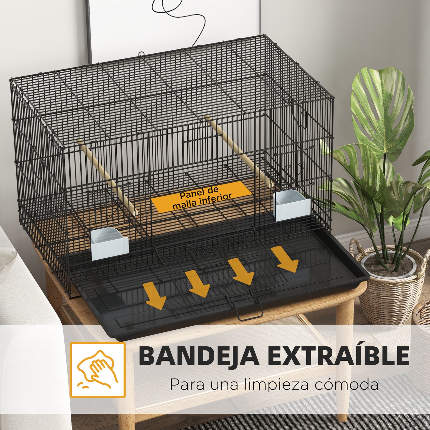 PawHut Jaula para Pájaros 77x46x45 cm Jaula Metálica para Aves con Bandeja Extraíble 2 Perchas 2 Comederos para Periquitos Canarios Negro