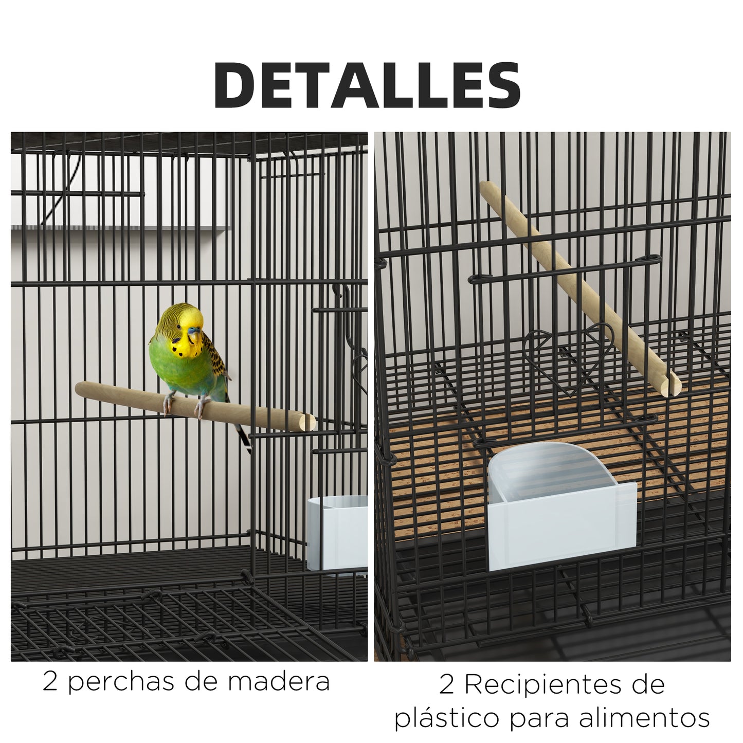 PawHut Jaula para Pájaros 77x46x45 cm Jaula Metálica para Aves con Bandeja Extraíble 2 Perchas 2 Comederos para Periquitos Canarios Negro