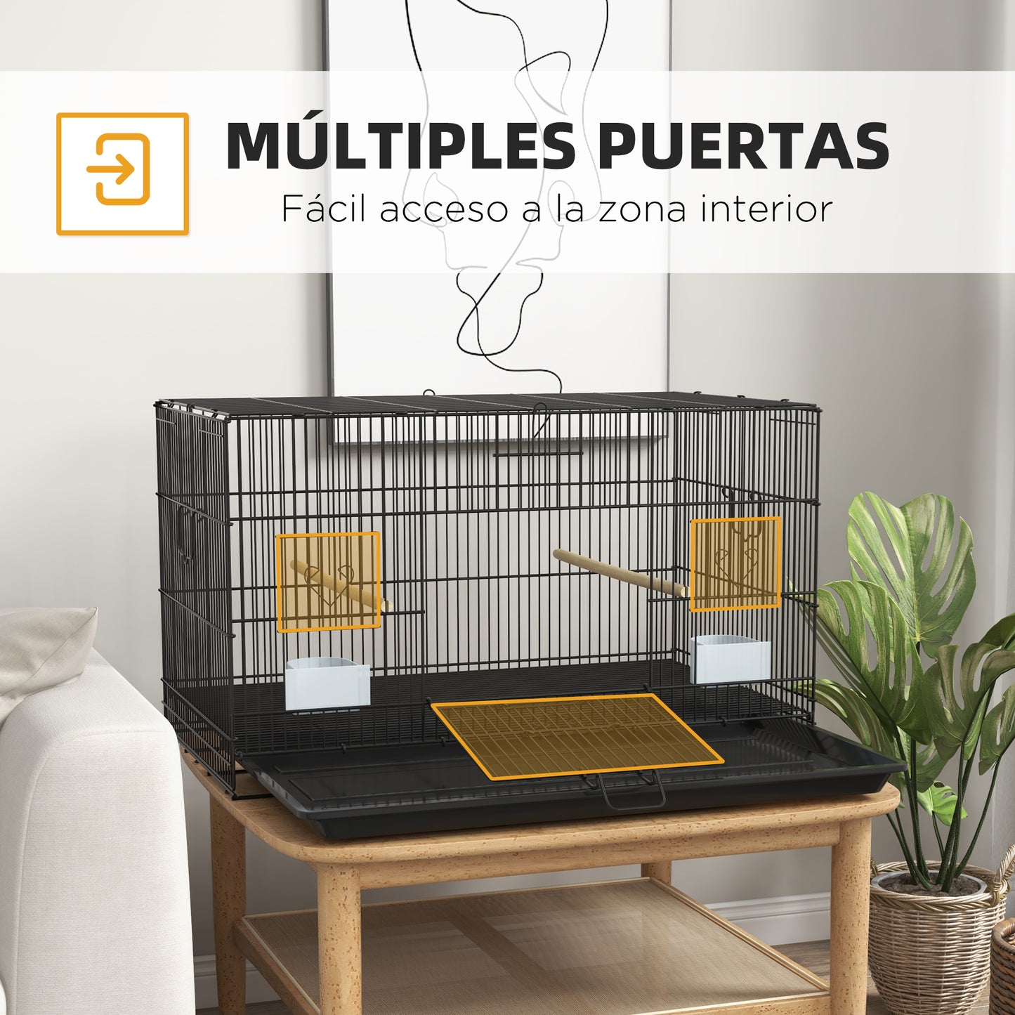 PawHut Jaula para Pájaros 77x46x45 cm Jaula Metálica para Aves con Bandeja Extraíble 2 Perchas 2 Comederos para Periquitos Canarios Negro