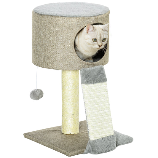 PawHut Árbol Rascador para Gatos Pequeño Altura 50 cm Torre Escalador de Gato con Cueva Rampa Poste Rascador de Sisal Natural y Bola Colgante 30x30x50 cm Beige Oscuro