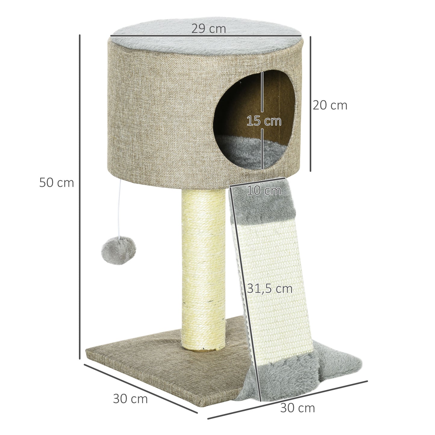 PawHut Árbol Rascador para Gatos Pequeño Altura 50 cm Torre Escalador de Gato con Cueva Rampa Poste Rascador de Sisal Natural y Bola Colgante 30x30x50 cm Beige Oscuro