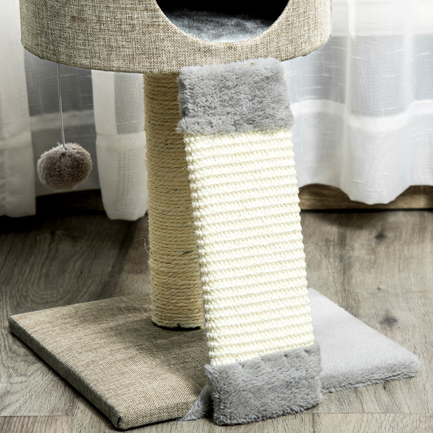 PawHut Árbol Rascador para Gatos Pequeño Altura 50 cm Torre Escalador de Gato con Cueva Rampa Poste Rascador de Sisal Natural y Bola Colgante 30x30x50 cm Beige Oscuro