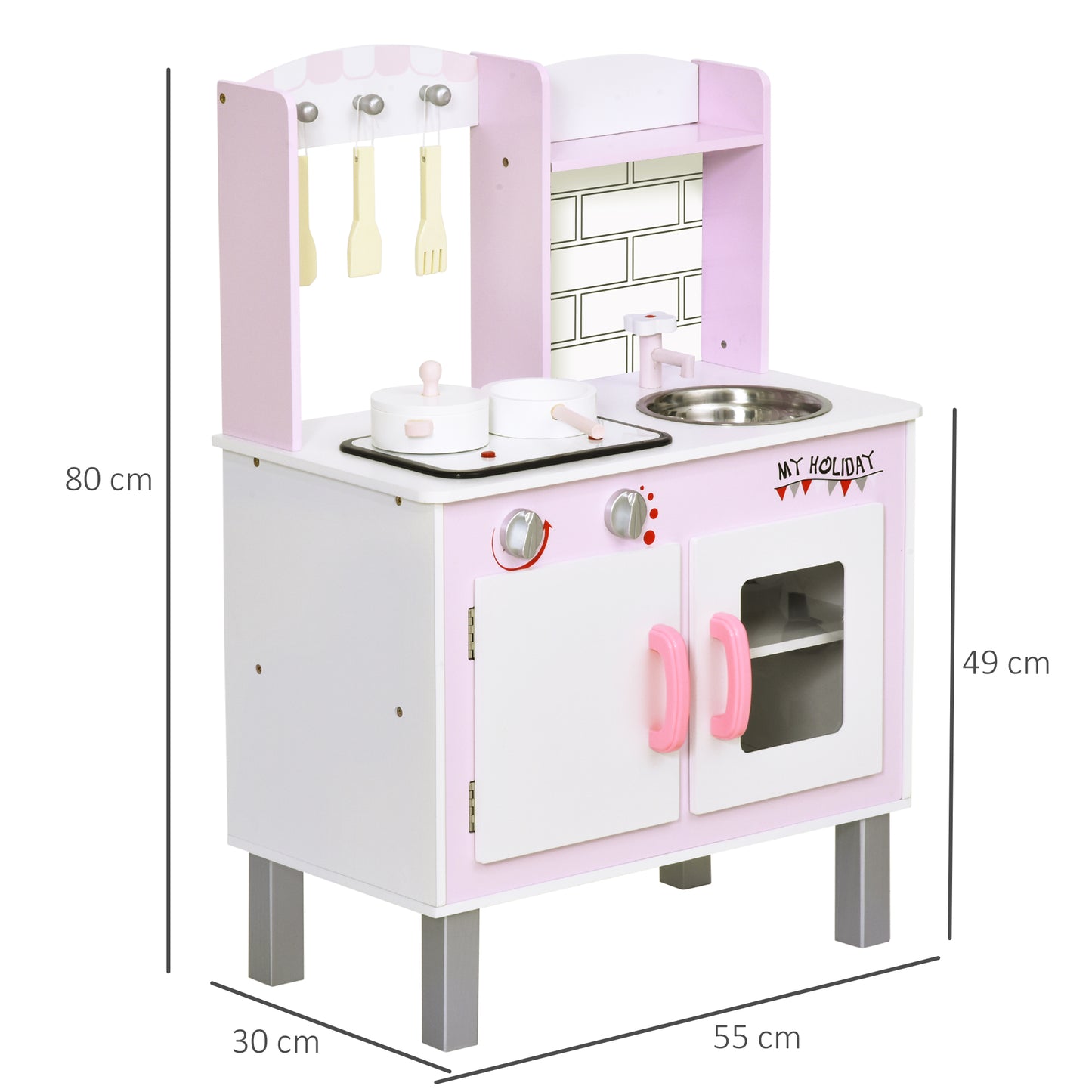 HOMCOM Cocinita de Juguete de Madera para Niños +3 Años 55x30x80 cm con Función de Sonido Armario Ganchos 5 Accesorios Incluidos Cocina Infantil Educativo Rosa