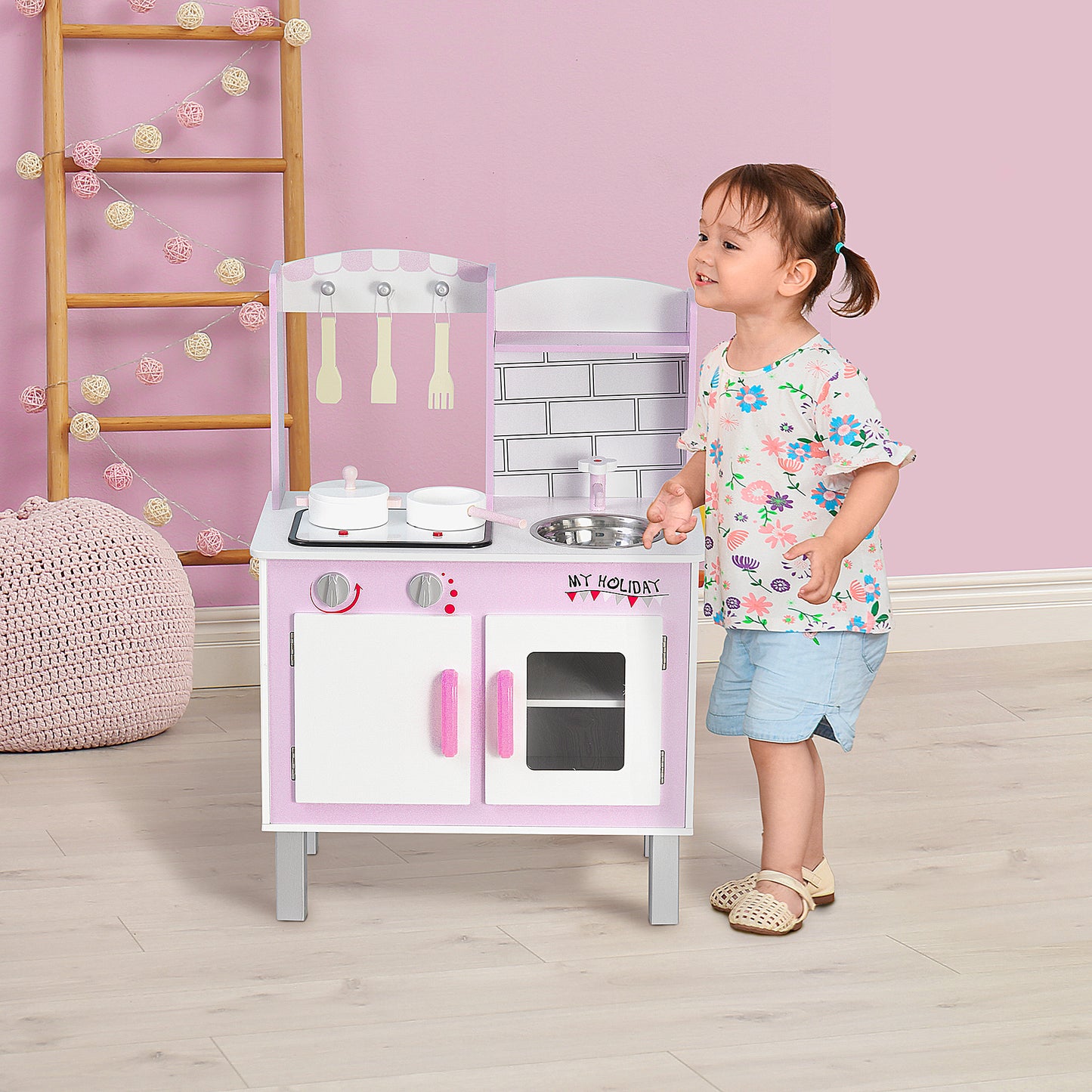 HOMCOM Cocinita de Juguete de Madera para Niños +3 Años 55x30x80 cm con Función de Sonido Armario Ganchos 5 Accesorios Incluidos Cocina Infantil Educativo Rosa