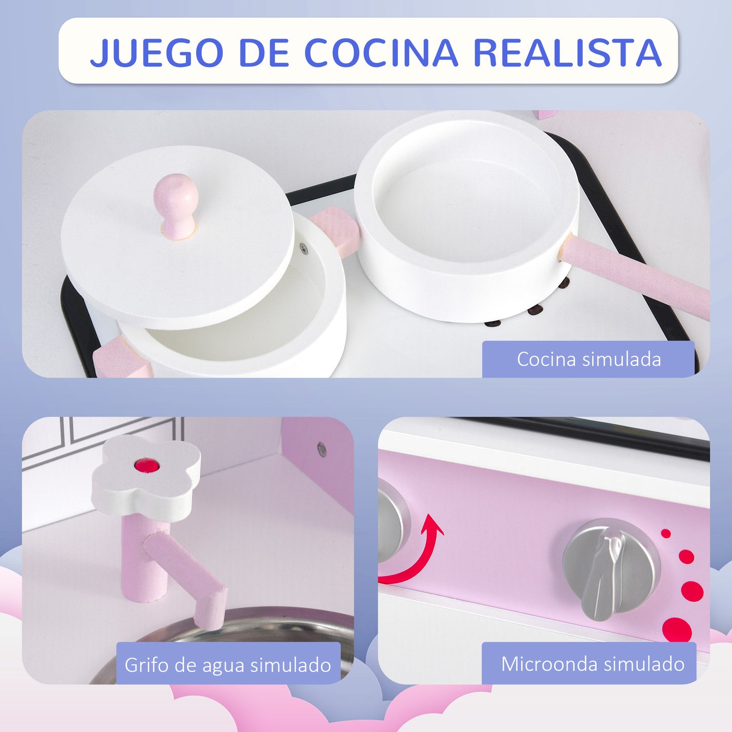 HOMCOM Cocinita de Juguete de Madera para Niños +3 Años 55x30x80 cm con Función de Sonido Armario Ganchos 5 Accesorios Incluidos Cocina Infantil Educativo Rosa