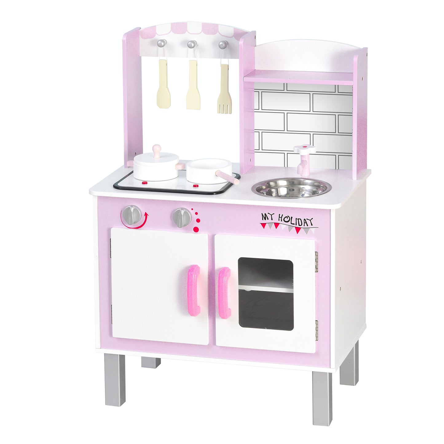 HOMCOM Cocinita de Juguete de Madera para Niños +3 Años 55x30x80 cm con Función de Sonido Armario Ganchos 5 Accesorios Incluidos Cocina Infantil Educativo Rosa