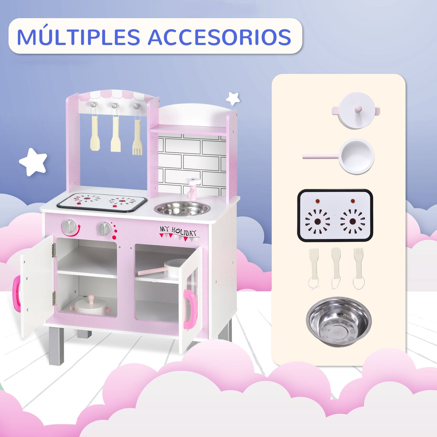 HOMCOM Cocinita de Juguete de Madera para Niños +3 Años 55x30x80 cm con Función de Sonido Armario Ganchos 5 Accesorios Incluidos Cocina Infantil Educativo Rosa