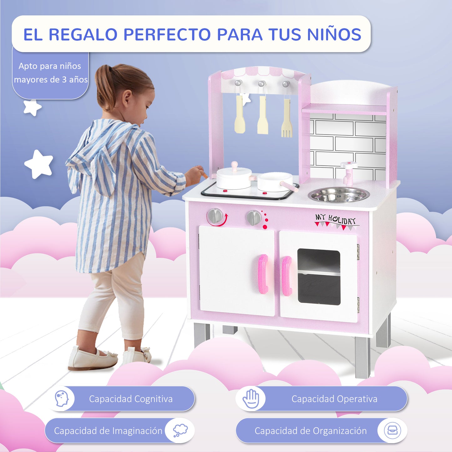 HOMCOM Cocinita de Juguete de Madera para Niños +3 Años 55x30x80 cm con Función de Sonido Armario Ganchos 5 Accesorios Incluidos Cocina Infantil Educativo Rosa