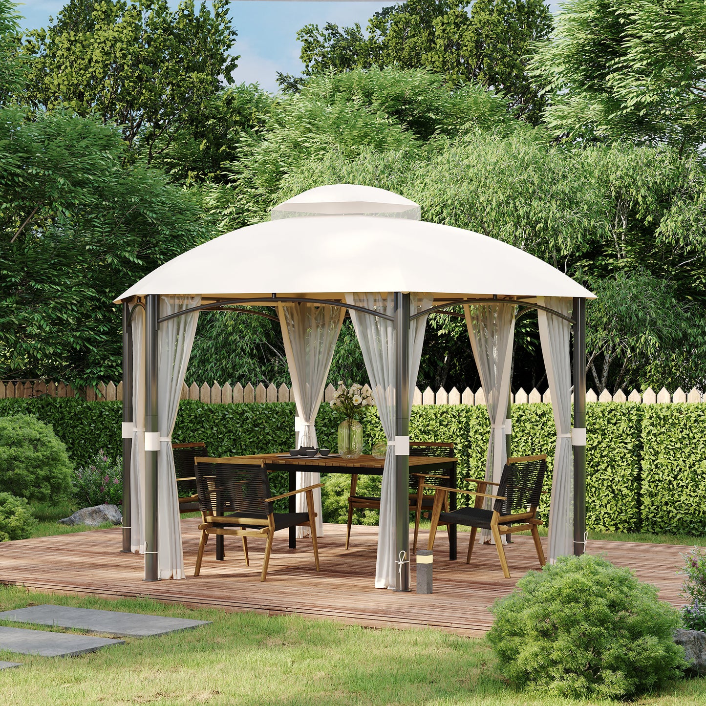 Outsunny Cenador de Jardín Hexágono 4x4 m Pabellón Exterior con Doble Techo de Ventilación y 6 Mosquiteras con Cremallera Gazebo para Fiestas Balcón Patio Caqui